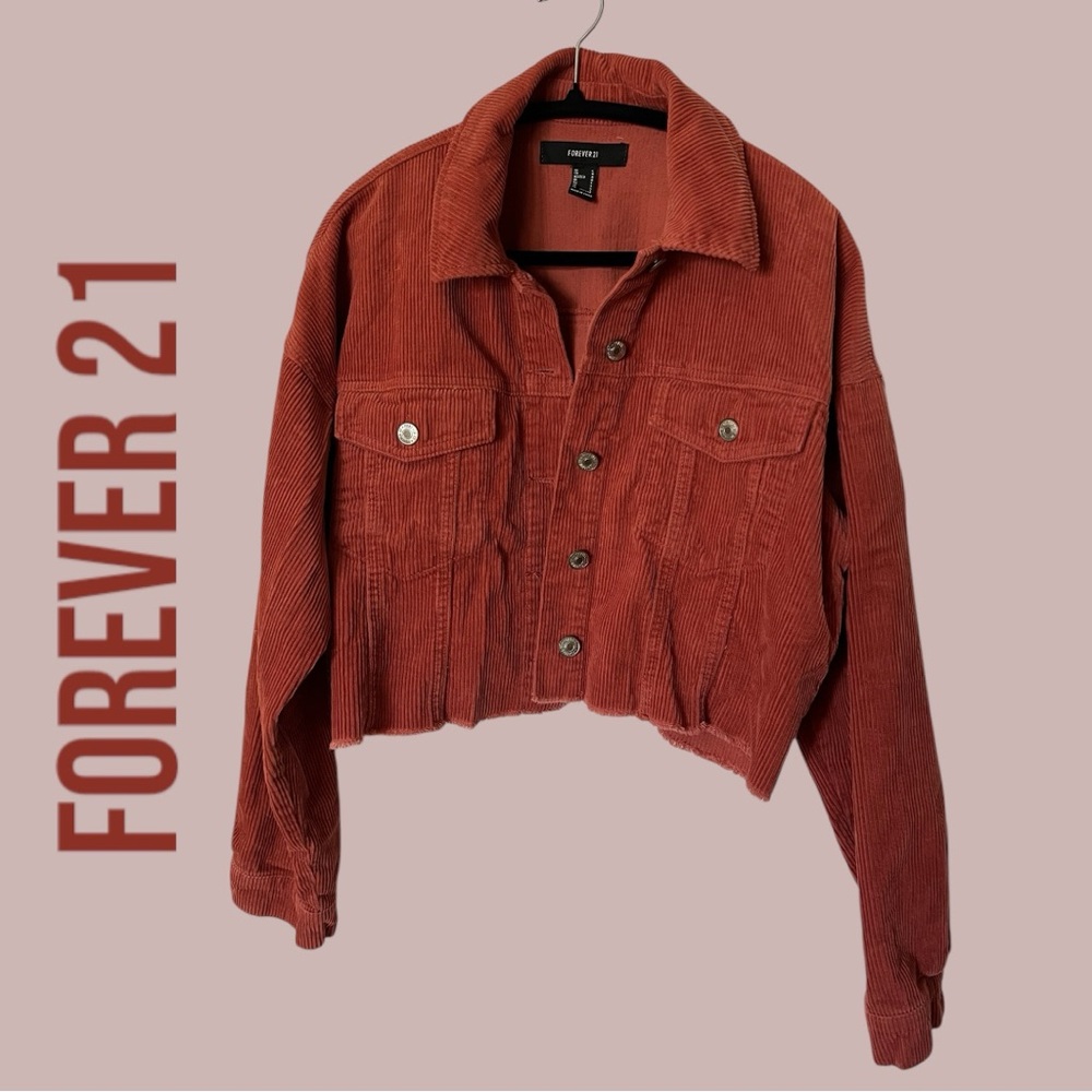 Forever 21 Corduroy Coral Red Crop Shacket Shirt Jacket Front Pockets Raw Hem L